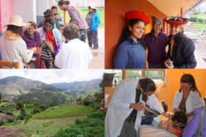 Image shows Peruvian locals in clinic waiting room, the Andes, Chinese medicine cupping technique, and local attending healers