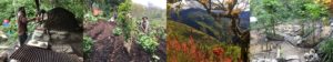 Image shows home made sour dough in clay wood burning bread oven, permaculture teacher Anthony Bossler in mountain garden, a view from Larapata and our kitchen permaculture garden