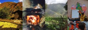 Image shows a mountain coffee harvest, clay wood stove, parmaculture garden, Andrew Jones giving a permaculture class to volunteer workers