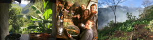 Image shows sacred plant retreat service team feasting after ayahuasca and huachama ceremonies are complete, ceremony temple, permaculture kitchen and garden at Paititi