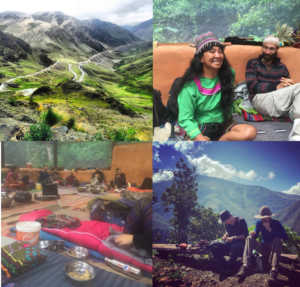 Image shows the Peruvian Andes on the way to the ayahuasca and huachuma centre, a shipibo elder healer with Roman, a sharing circle after ayahuasca ceremony 